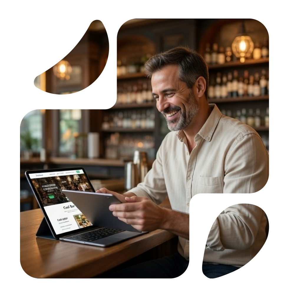 Proprietario di un'attività locale che usa un tablet