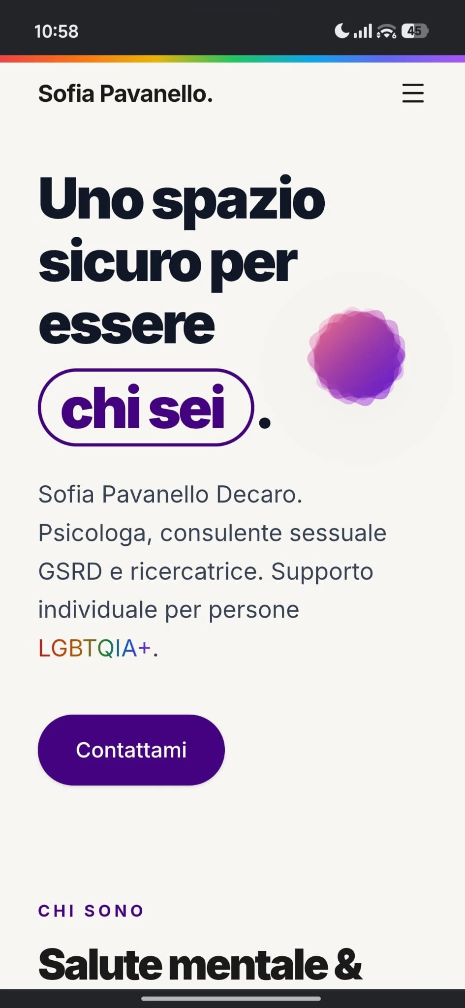 Sofia Pavanello — sito web realizzato da ListSyncer, vista mobile